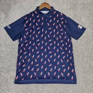 Chippopotamus Shirt Mens L Blue Golf Polo Rockets All Over Print Stretch Snap
